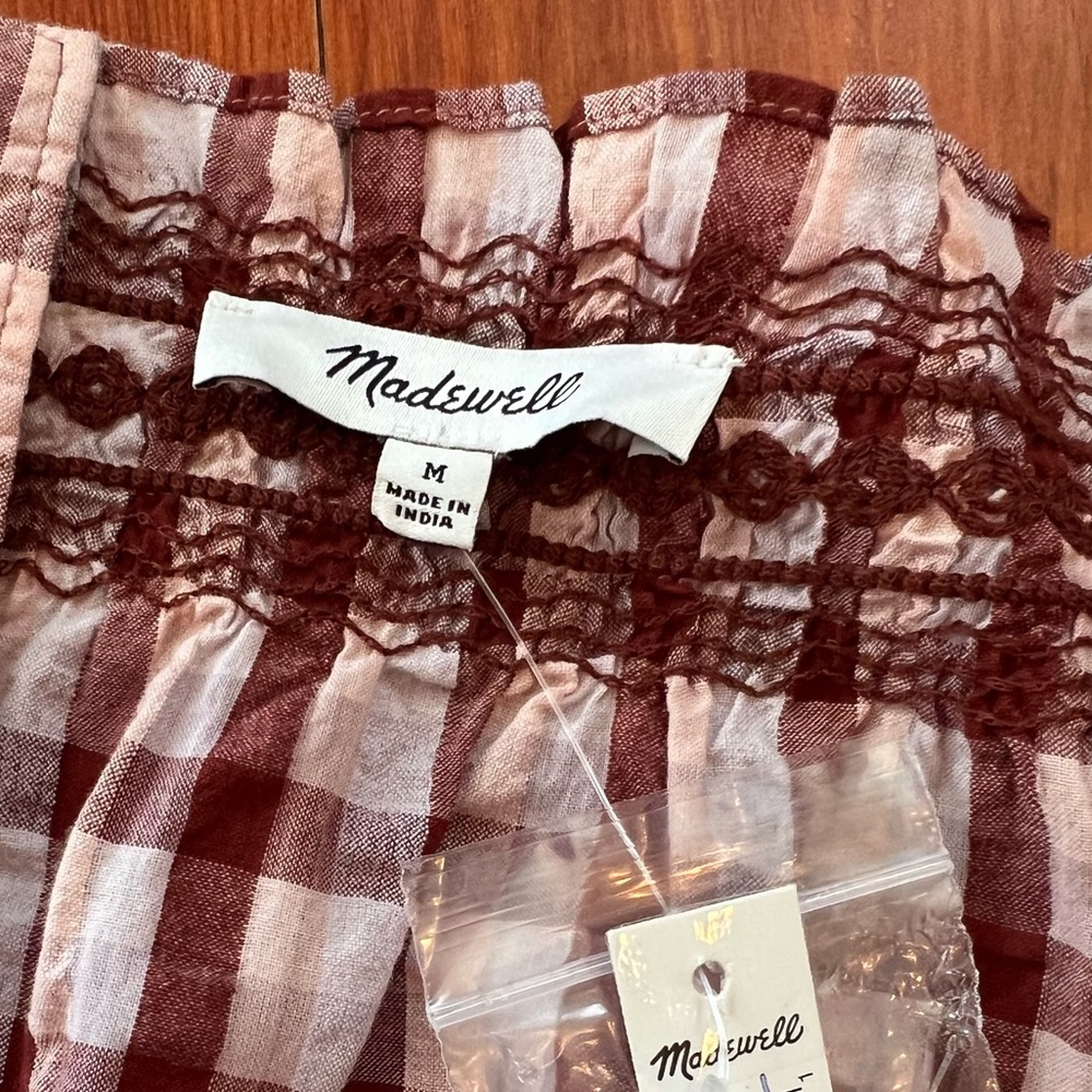 NWT Madewell Seersucker Jeanette Top in Plaid - Medium - Maroon - Ivory - Picture 5 of 7